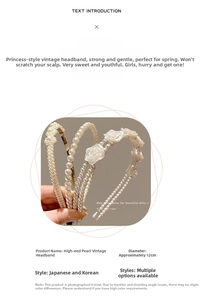 Detailed view of white pearl headband featuring 3D rose flower and woven resin pearls