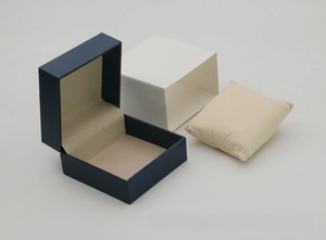 Navy litchi grain faux leather watch box set with outer sleeve and soft pillow