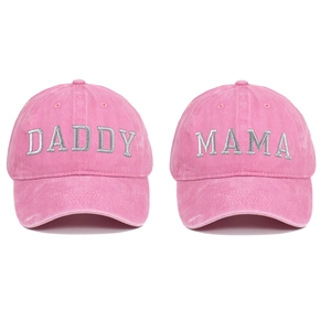Detail of Daddy and Mama 3D embroidery on vintage washed cotton pink baseball caps