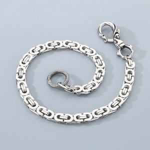 Close-up of stainless steel wallet chain featuring a skull clasp and braided Cuban links