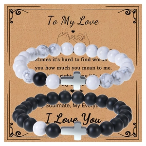 Natural White Howlite And Matte Black Stone Beaded Cross Couple Bracelets For Lovers Gift With Message Card