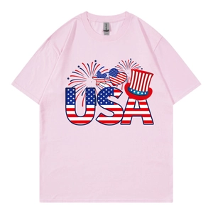 T-shirt rose avec motif drapeau USA en cœur et feu d'artifice pour hommes et femmes
