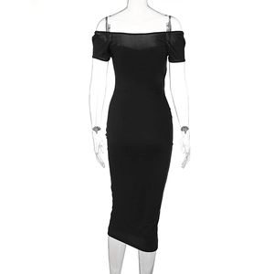 Rear view detail of a black off-shoulder ribbed slim fit maxi dress for women