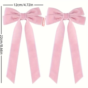 Pink velvet double bow hair clips for women with long ribbons measuring 12cm by 22cm