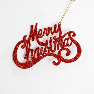 Red glitter Merry Christmas letter hanging ornament for festive tree decoration with gold string