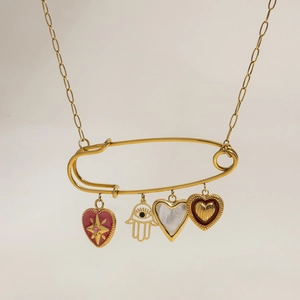 18K gold stainless steel necklace with pink star heart and Hamsa safety pin pendants