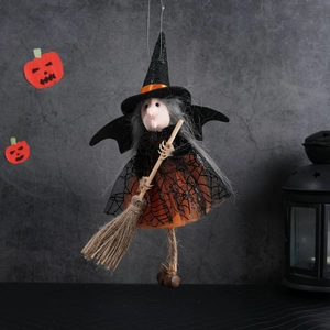 Halloween witch doll hanging ornament with orange spiderweb dress and wooden broom