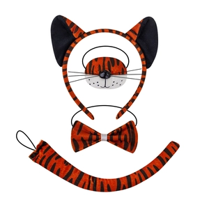 Tiger costume set with plush ear headband, striped mask, bowtie, and long tail for parties