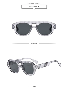 Close-up of retro square sunglasses with vertical stripe texture and double bridge frame