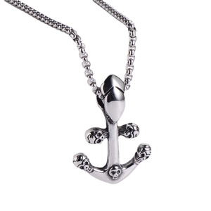 Vintage punk silver skull anchor pendant necklace with chunky chain on white background