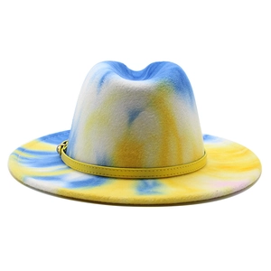 Rainbow tie-dye wool fedora hat with yellow leather band and wide brim for men and women