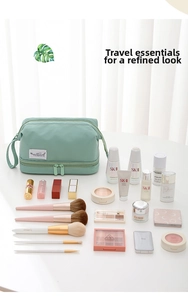 Detail of mint green double-layer travel makeup bag with handle and dual zippers