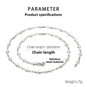 Detail showing 500x5mm stainless steel cross link chain necklace with size dimensions