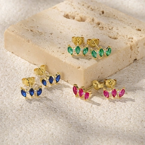 S925 silver stud earrings set featuring marquise cut zircon in green, blue and red colors
