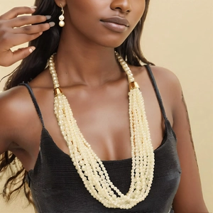 Elegant multi-layer cream faux pearl necklace and gold earring jewelry set for women