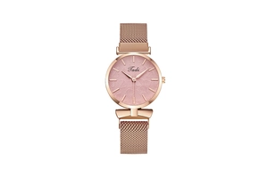 Close-up of rose gold mesh watch band with magnetic buckle and pink textured leaf dial