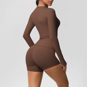 Women coffee yoga set with long sleeve top and matching slim fit athletic shorts