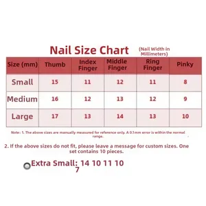 Guide des tailles pour faux ongles avec mesures de largeur de XS à L en millimètres
