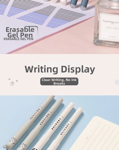 Close-up of cute cartoon animal erasable gel pens with panda caps and smooth matte finish