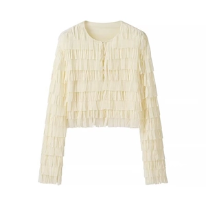 Women Fringed Cropped Blouse Round Neck Long Sleeve Single Breasted Layered Tassel Cardigan Polyester Sweet Top