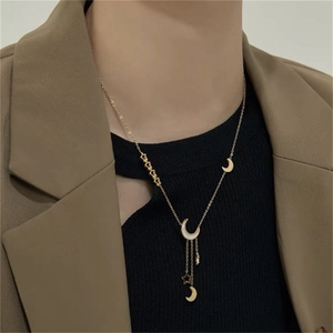 Titanium Steel Star Moon Pendant Necklace Women Elegant Gold Hollow Star Tassel Choker With Artificial Pearl Fashion Jewelry
