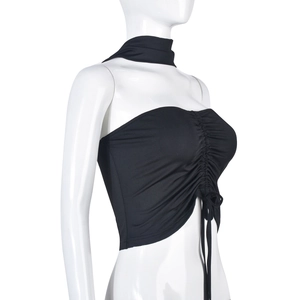Detail view of black ruched drawstring tube top with matching neck strap on mannequin