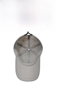 Detail view of light grey baseball cap interior with breathable mesh and adjustable drawstring