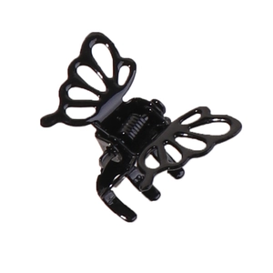 Mini vintage black metal butterfly hair claw clip with glossy finish on white background
