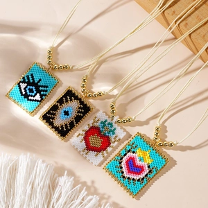 Bohemian woven bead necklace with Evil Eye and Heart pendants for trendy jewelry