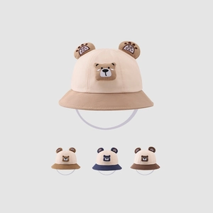 Cute baby bear fisherman hat with ears and windproof strap in four color options