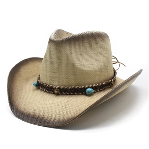 Classic woven straw cowboy hat with wide brim, turquoise stones, and vintage rivets