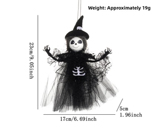 Hanging Halloween skull ghost with black witch hat and mesh dress for party decor
