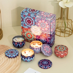Detail of 4.4oz scented candle set in drum-shaped tin with colorful mandala patterns