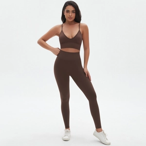 Women's dark brown seamless knitted yoga set with high waist leggings and V-neck sports bra