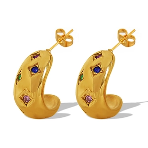 Retro hollow curved golden titanium earrings with colorful crystals in a 45-degree angle