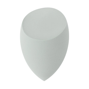 Detail of soft grey non-latex teardrop makeup sponge with slanted edge for precision