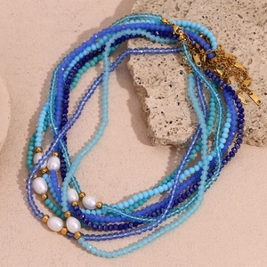 Multi-layer blue crystal and freshwater pearl beaded necklace with K18 gold clasp