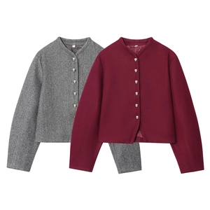 Giacca Corta Elegante Da Donna Girocollo Texture Lana Tinta Unita Maniche Lunghe Bottone In Metallo