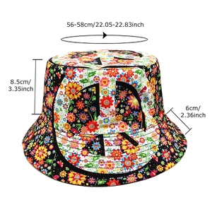 Reversible geometric peace sign bucket hat with floral print and size measurements