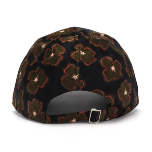 Rear view of floral print baseball cap with black velvet fabric and metal buckle