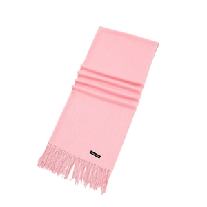 Pale pink faux cashmere scarf with long tassels and label on a clean white background