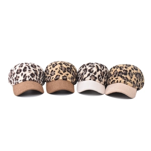 Faux fur leopard print baseball caps with corduroy brims in four seasonal colors
