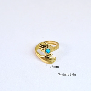 Detail view of 14k gold plated ring featuring turquoise stone, size 17mm, weight 2.4g
