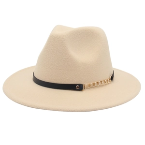 Khaki fedora hat with black leather band and gold chain detail for a stylish minimalist look