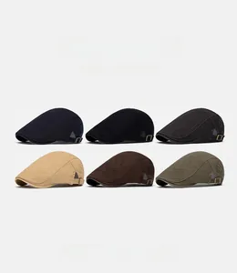 Detail view of cotton flat caps in six colors with side metal buckles and embroidery