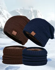 Close-up of winter knit hat and neck gaiter set with thick fleece lining and sport patch