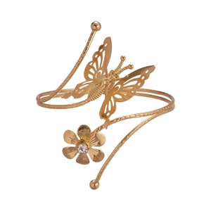 Golden butterfly and flower open cuff bracelet with sparkling crystal rhinestones