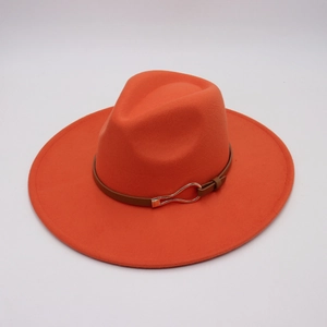 Detail of orange wool fedora with 9.5cm wide brim and brown leather belt buckle strap