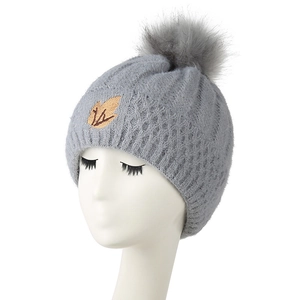 Grey fleece-lined knit beanie with fluffy pom-pom and leaf embroidery for winter warmth