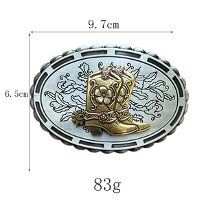 Detail of western cowboy boot belt buckle showing dimensions 9.7cm length and 83g weight